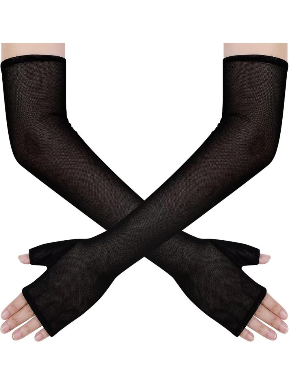 Women's Black Elbow Length Tulle Mesh Long Fingerless Opera Party Sheer Gloves
